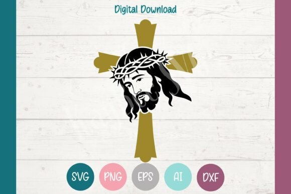 Golden Cross with Jesus Face SVG PNG EPS Graphics for Crafts